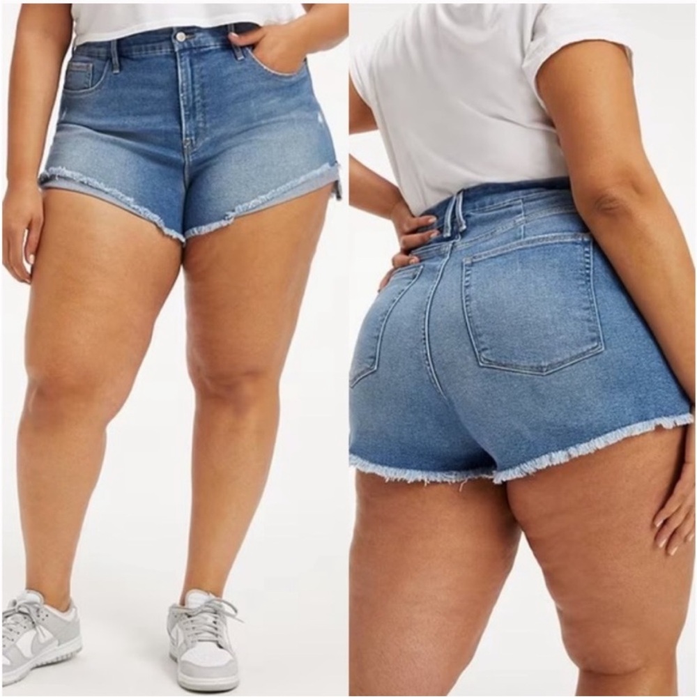 Good American Good Curve Raw Hem Denim Shorts size 24 Plus NWT Pockets